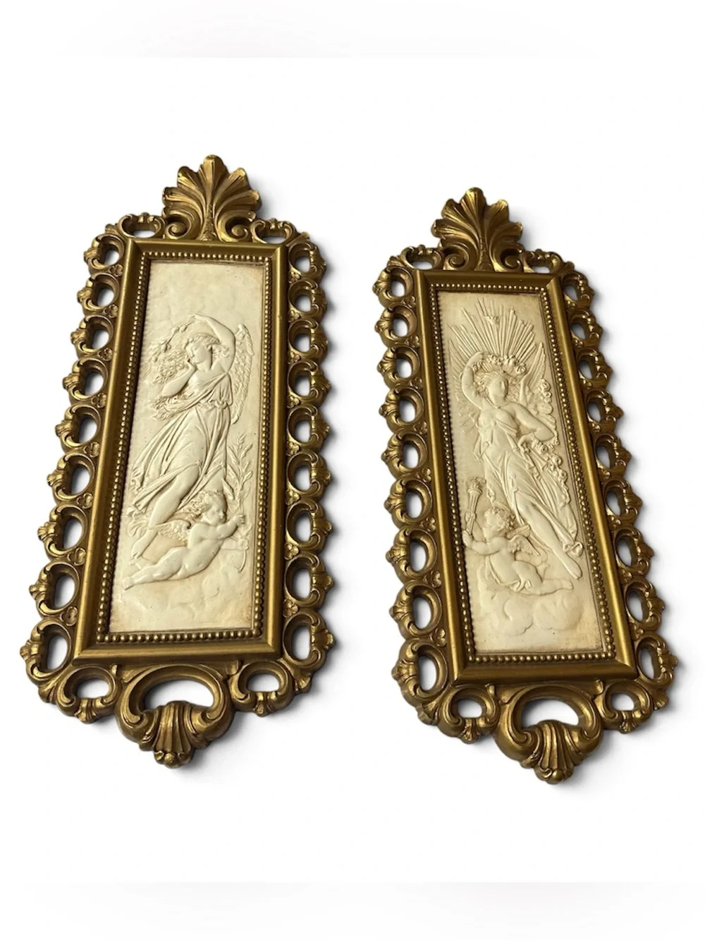 Vintage Set Homco Cameo Angel Cherub Wall Plaques Gold Cream Hollywood Regency